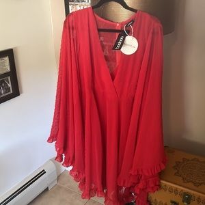 Plus Dobby Chiffon Wide Sleeve Red Skater Dress